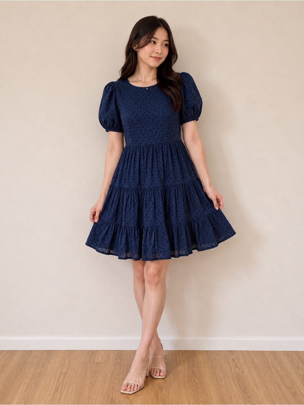 Abercrombie & Fitch Navy Swiss Dot Puff Sleeve Tiered Mini Dress Size Small